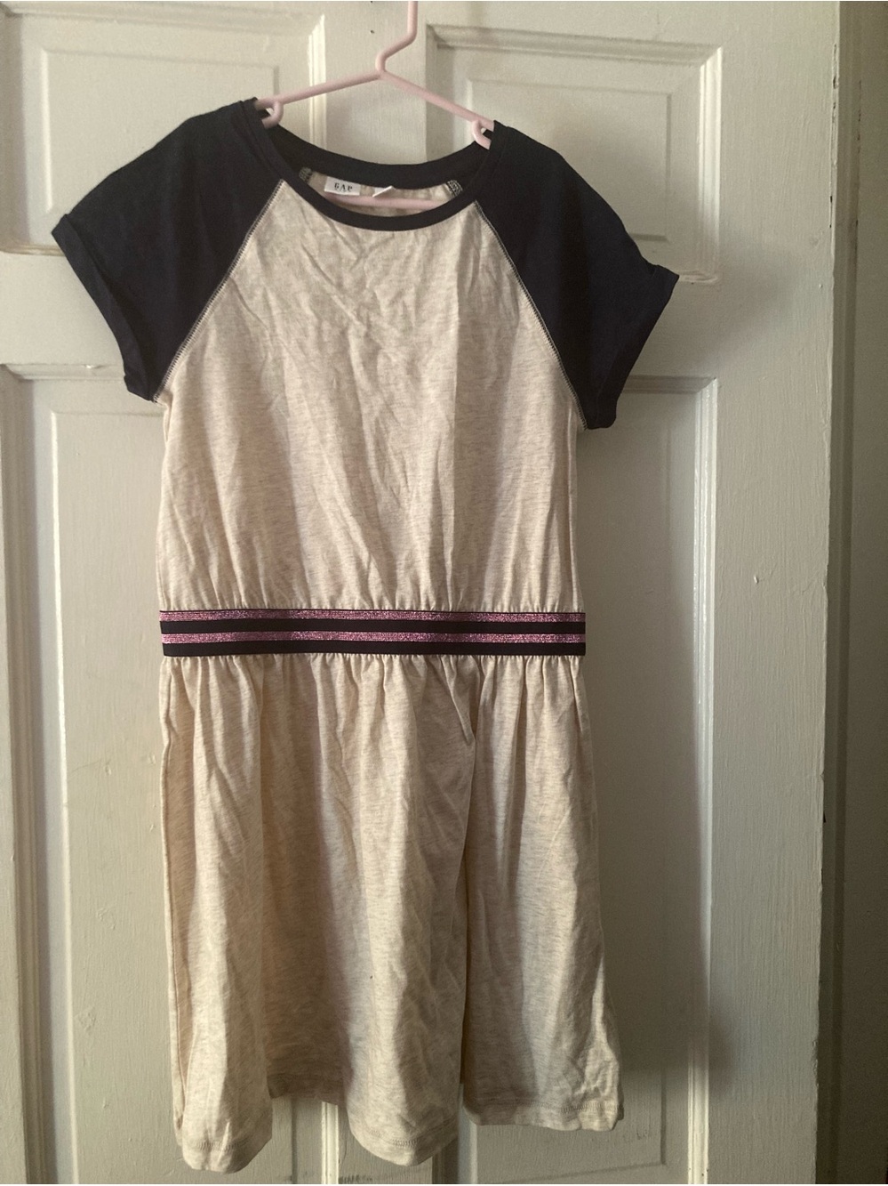 GAP cotton  Cream Dress with Black Raglan Sleeves and Pink Glitter Waistband